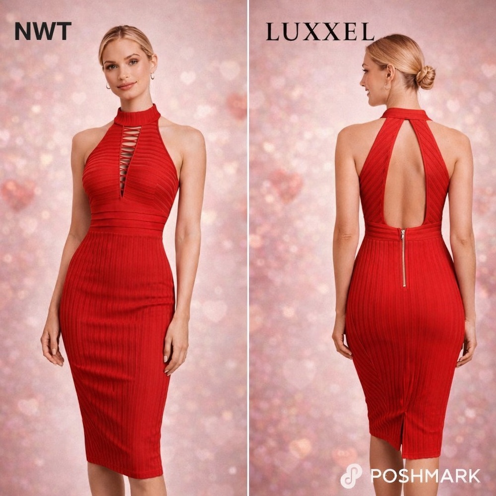 NWT Luxxel Red Bandage Bodycon  Dress Halter Open Keyhole Back Cocktail Size S